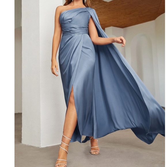 Luxe Navy Blue Satin One Shoulder Ruched Split Hem Formal Party Wedding Dress - Picture 2 of 13